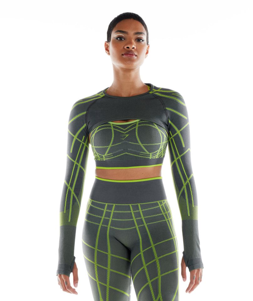 Women\'s Gymshark Wtflex Linear Seamless Long Sleeve Shrug Sweatshirts Green | CA 5763D0